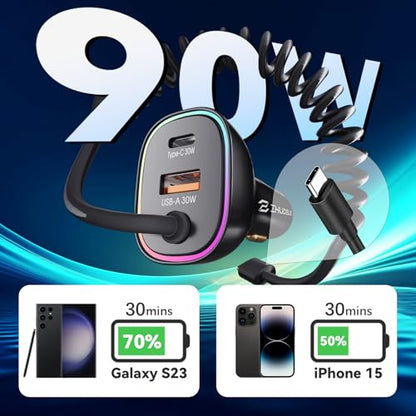 90W Car Charger, USB C Cigarette Lighter Adapter with 4FT Coiled Cable, PD 30W & QC3.0 Fast Charging, Compatible with iPhone 16/15 Series, Samsung Galaxy S24/S23/S22, iPad, Android Phones (Black)