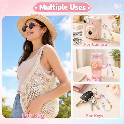 Pink Beaded Phone Wrist Straps, Y2K Phone Case Charms Camera Charm Strap, Lanyard Keychain Wristlet Aesthetic Cellphone Charm - style: Pastel Dream Pearl Garden
