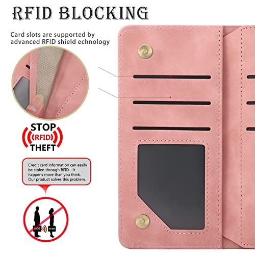 RANYOK Wallet Case Compatible with iPhone 13/14 (6.1 inch), Premium PU Leather Zipper Flip Folio Wallet RFID Blocking with Wrist Strap Magnetic Closure Built-in Kickstand Protective Case (Pink) - color: Pink