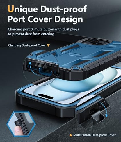 FNTCASE for iPhone 15/14/13 Case, Built-in Screen Protector, Kickstand Blue | 20FT Military-Grade Drop Protection, Anti-Slip Matte Textured, Rugged Heavy Duty Shockproof Protective Phone Cover, Blue - color: Blue