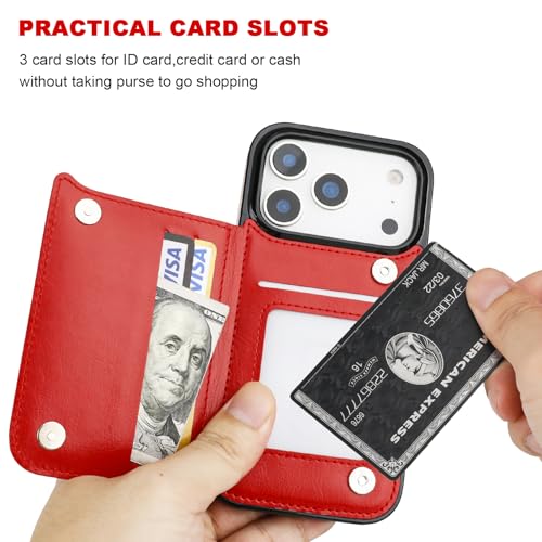 ONETOP for iPhone 17 Pro Wallet Case with Credit Card Holder,Red | Kickstand,ID/Cash Holder,Case Wallet with Card Slots,Double Magnetic Clasp,Durable PU Leather Shockproof Cover for Women Men - color: Red