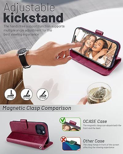 OCASE Compatible with iPhone 15 Wallet Case, PU Leather Flip Folio Case with Card Holders RFID Blocking Kickstand [Shockproof TPU Inner Shell] Phone Cover 6.1 Inch 2023, Burgundy - color: Burgundy