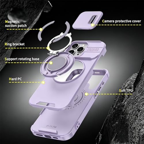 Rugged Shockproof Case for iPhone 17 Pro Max, Heavy Duty Protective Phone Case with Slide Camera Cover, 360° Rotatable Ring Stand & Magnetic Car Mount Compatible (Purple,iPhone 17 Pro Max) - color: Purple