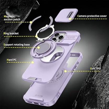 Rugged Shockproof Case for iPhone 17 Pro Max, Heavy Duty Protective Phone Case with Slide Camera Cover, 360° Rotatable Ring Stand & Magnetic Car Mount Compatible (Purple,iPhone 17 Pro Max) - color: Purple
