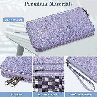 FINTIE Family Passport Holder Wallet Travel Document Organizer Clutch Bag | RFID Blocking Credit Cards Case Cover for Women Men - color: Lilac Purple