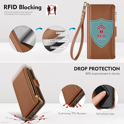 Antsturdy Compatible with iPhone 14 Plus Wallet Case【RFID Blocking】 PU Leather Phone Case Women Men Flip Shockproof Cover Strap Zipper Pocket Credit Card Holder Slots for Apple 14 Plus,Light Brown | RFID Blocking,with Credit Card Holder Slots,PU Leather P