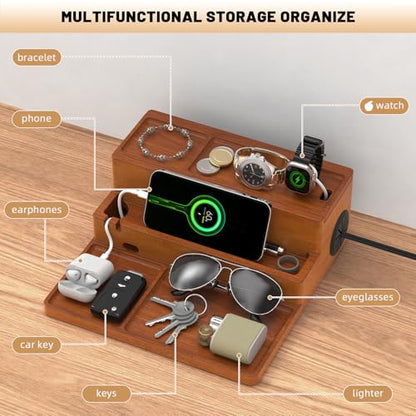 Valet Tray, Nightstand Organizer with Charging Station - color: Stylish Brown