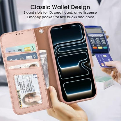 Arae Compatible with iPhone 17 Pro Case Wallet with Card Holder, Wristlet Strap Wallet Flip Cover for iPhone 17 Pro 6.3 inch Men/Women, RFID Blocking, Kickstand, Rose Gold - color: Rose Gold, size: iPhone 17 Pro 6.3 inch