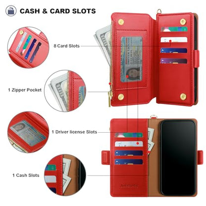 Antsturdy for iPhone 17 Pro Max Phone Wallet Case Women,Red | RFID Blocking,with Credit Card Holder Slots,PU Leather Purse,Zipper Pocket,Wrist Strap Kickstand,Flip Folio Cover for Men - color: Red