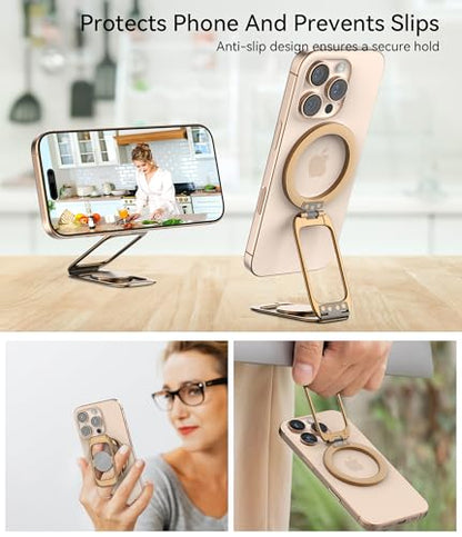 Magnetic Phone Ring Holder for MagSafe Phone Grip & Kickstand, Strong Dual-Sided Magnets Compatible with MagSafe Car Mount for iPhone 17/16/15/14/13/12 Pro Max and Android Phone Cases (Gold) - color: Gold