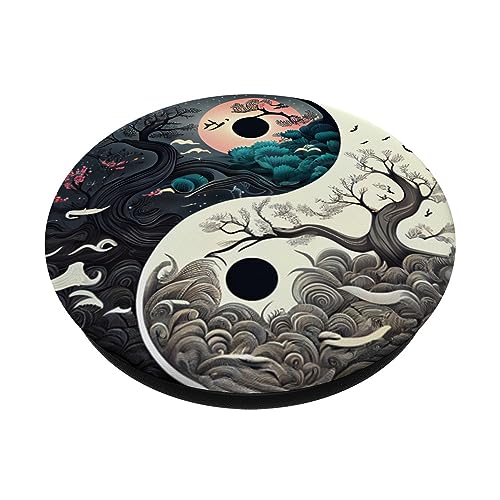 Yin Yang Day & Night Bonsai Cherry Blossom Sun Moon PopSockets Adhesive PopGrip - style: Adhesive PopGrip