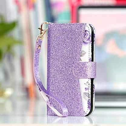 ULAK for iPhone SE 3(2022)/SE(2020)/8/7 Wallet Case Card Holder, Purple | Premium Floral PU Leather Flip Case with Kickstand Card Slots,RFID Blocking,Wrist Strap, Durable Shockproof Cover 4.7 Inch - color: Bling Purple