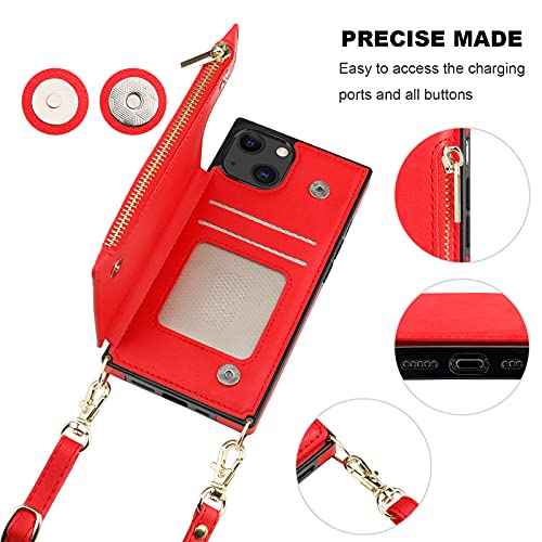 Bocasal Crossbody Wallet Case with Strap for iPhone 13/14, Red | RFID Blocking Card Slot Holder, Magnetic Flip Folio Purse Case, PU Leather Zipper Handbag Detachable Lanyard Strap 6.1 Inch - color: Red