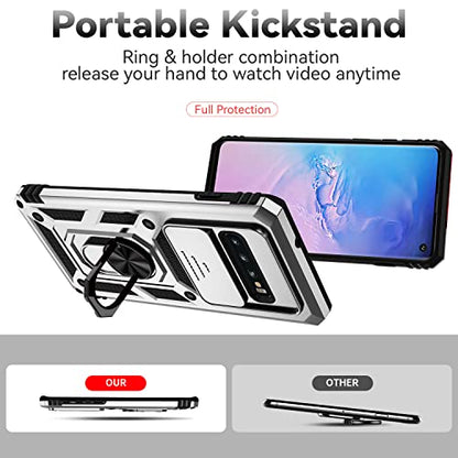 for Samsung Galaxy S10 Plus Case with Camera Lens Cover HD Screen Protector, Military-Grade Drop Tested Magnetic Ring Holder Kickstand Protective Phone Case for Samsung Galaxy S10+ Plus (Silver) - color: Silver with camera cover Military-Grade 2nd gen