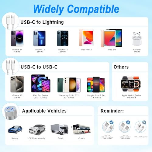 iPhone Car Charger Fast Charging, 60W Car Charger+Two Types of Cables, 2PCS