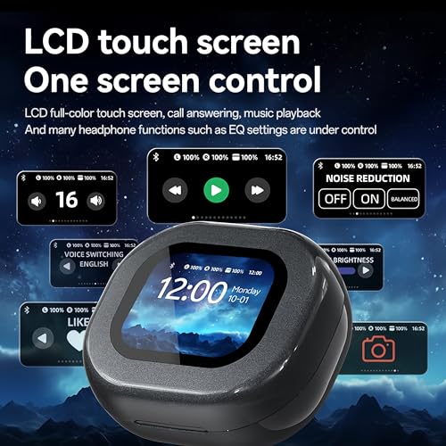 Wireless Earbuds with Touch Screen Charging Case, Open Ear Headphones,Sport Earbuds Bluetooth 5.4, 16mm Diaphragm Hi-Fi Stereo Sound,IPX6 Waterproof Over Ear Ear Buds with EQ/Remote Photo/Alarm,Black