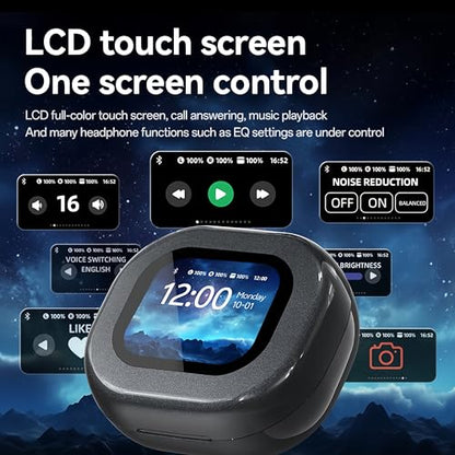 Wireless Earbuds with Touch Screen Charging Case, Open Ear Headphones,Sport Earbuds Bluetooth 5.4, 16mm Diaphragm Hi-Fi Stereo Sound,IPX6 Waterproof Over Ear Ear Buds with EQ/Remote Photo/Alarm,Black