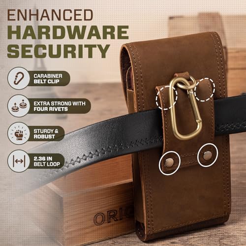 Genuine Leather Cell Phone Holster Belt Holder Belt Clip Pouch Case Fit for iPhone 17 Pro Max 16 Plus 15 Pro Max 14 Plus 13 Pro Max 12 Pro Max Samsung Galaxy S24+ S23 Ultra A55 (Retro Brown) - color: Retro Brown