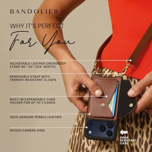 Bandolier Hailey Leather Crossbody Phone Case iPhone 15 Pro- Cognac | Crossbody leather phone case. Built-in wallet w/ snap-closure. Adjustable & removable leather strap. Phone drop protection. - color: Cognac/Gold, size: iPhone 15 Pro