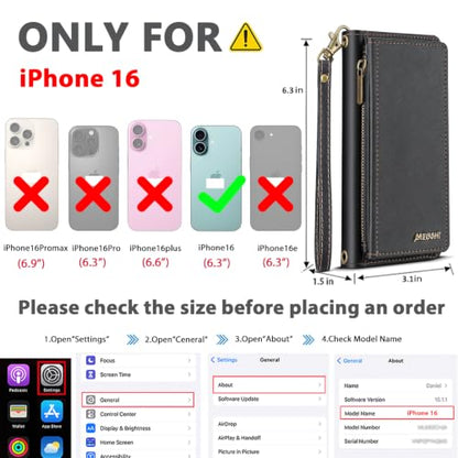 for iPhone 16 Wallet Case, Detachable Magnetic Shockproof Phone Case,Faux Leather Crossbody Wallet,with RFID Blocking，Zipper Card Holder，Shoulder Strap (Black) - color: Black, size: iPhone 16