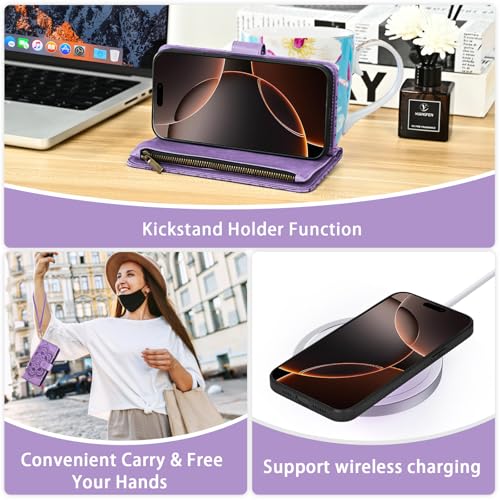 Asuwish Phone Case for iPhone 16 Pro 6.3 inch Zipper Wallet Magnetic Detachable Cell Cover with Tempered Glass Screen Protector Crossbody Strap Flower Card Holder Slot i Phone16 i16 16Pro Women Purple - color: Purple