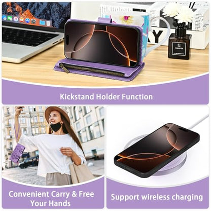 Asuwish Phone Case for iPhone 16 Pro 6.3 inch Zipper Wallet Magnetic Detachable Cell Cover with Tempered Glass Screen Protector Crossbody Strap Flower Card Holder Slot i Phone16 i16 16Pro Women Purple - color: Purple