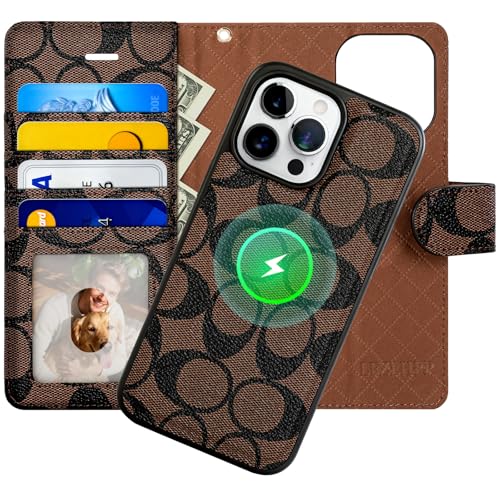 Luxury Designer Wallet Case for iPhone 16 Pro Max, Magnetic Detachable Cover with Card Slots, Kickstand, Wrist Strap, Smartish PU Leather, 6.9 Inch,Brown