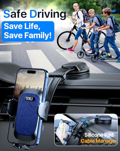 YRU [2026 Ultimate Car Phone Holder Mount [Bendable & Adjustable Aluminum Arm] Cell Phone Holder for Car Dashboard Windshield Phone Stand for iPhone 17 16 15 14 Pro Max Samsung Pickup Truck, Dark Blue - color: Dark Blue