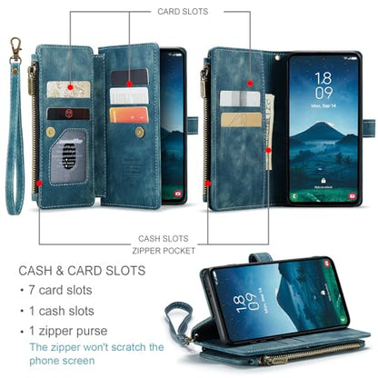 Samsung Galaxy S24 5G Wallet Case with Card Holder Kickstand Magnetic Zipper Pocket Lanyard Strap Wristlet,Leather Flip Case Wallet for Samsung Galaxy S24 5G 6.2 Inch(Blue) - color: Blue, size: S24 5G 6.2 Inch