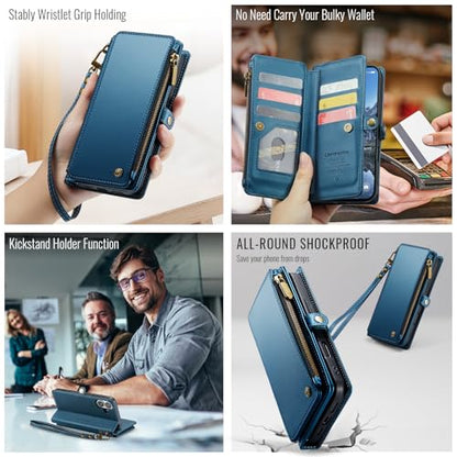 Defencase for iPhone 17 Wallet Case with RFID Blocking Card Holder, Blue | Durable Soft PU Leather, with Zipper Pocket, Wrist Strap, Fashion Snap Flip Phone Cases Cover with Stand for Women and Men - color: Dark Blue
