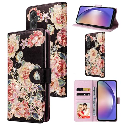 UEEBAI Wallet Case for Samsung Galaxy A56 5G, PU Leather Phone Cover Kickstand RFID Blocking Flip Case Card Slots Wrist Strap Relief Engraved Pattern Magnetic Closure Folio Cover - Black Rose - color: Black Rose, size: Samsung Galaxy A56 5G