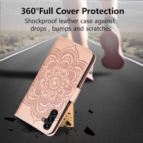 EYZUTAK Case for Samsung Galaxy A15 4G/5G, Premium Leather Magnetic Closure Flip Wallet Phone Case with Card Holder Cash Slot Stand Function Embossed Mandala Flower Shockproof Lanyard Cover -Rose Gold - color: Rose Gold, size: Samsung Galaxy A15 4G/5G