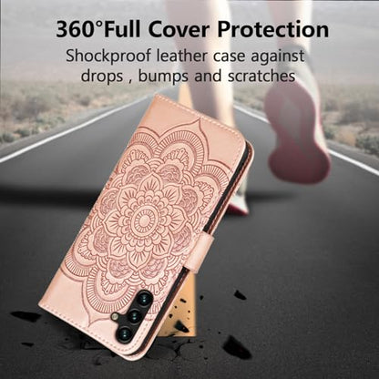 EYZUTAK Case for Samsung Galaxy A15 4G/5G, Premium Leather Magnetic Closure Flip Wallet Phone Case with Card Holder Cash Slot Stand Function Embossed Mandala Flower Shockproof Lanyard Cover -Rose Gold - color: Rose Gold, size: Samsung Galaxy A15 4G/5G