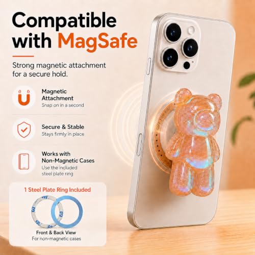 Magnetic 3D Bear Phone Grip Stand, MagSafe Compatible — Amber Peach - color: Amber Peach