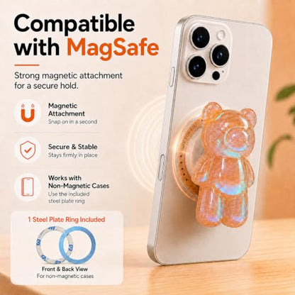 Magnetic 3D Bear Phone Grip Stand, MagSafe Compatible — Amber Peach - color: Amber Peach