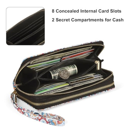 RFID Blocking Cellphone Wallet for Women with Removable Strap, Double Zipper Wristlet Bag Large Capacity, Ladies Travel Clutch Purse, Artistic Flower - color: Orange Artistic Flower
