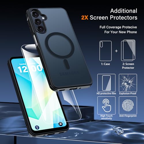 for Samsung Galaxy A16 5G Case with 2X Screen Protector, Magnetic Military Grade Shockproof Case Translucent Back Slim Rugged Bumper Cover for Galaxy A16 5G Phone Case-6.7 inch, Black - color: Black