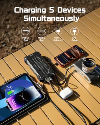 GOODaaa Solar Power Bank 24000mAh, Portable Charger with 4 Built-in Cables - color: Deep Black