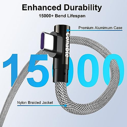 USB A to C Cable (2 Pack, 2FT+2FT), Right Angle 90 Degree Type-C Fast Charging Cable, Nylon Braided, Supports 5A/ 3A/ 60W/PD 20W, for iPhone 17/16/15 Series, Galaxy S22, Google Pixel, LG, Car Carplay