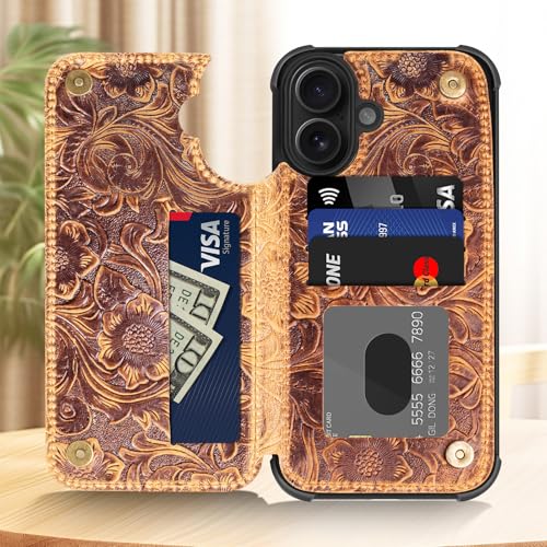 Wallet Real Leather Case Compatible with iPhone 16 Plus 6.7" Brown | Genuine Leather,Shockproof,Anti-Fall Case,Flip Cover,with Card Slot,Double Magnetic Buckle,Kickstand,RFID Blocking Brown - color: Brown, size: 6.7"-16 Plus