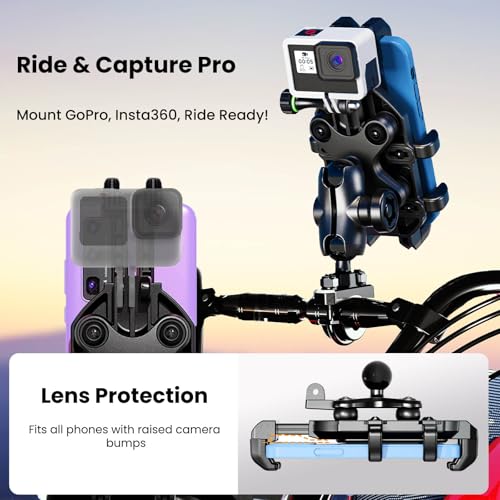 Motorcycle Phone Mount Holder with Vibration Dampener Anti-Shake 720° Adjustable for iPhone 16 Pro Max for Samsung 5.4''-6.9'' Phone Anti-Theft Dirt Bikes(U Shape Base 0.6-1.1" Handlebar) - style: U Shape Base