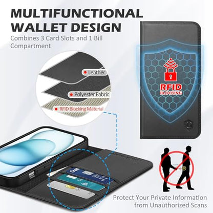 SHIELDON Genuine Leather Folio Wallet Case for iPhone 15 6.1" 2023, Black | Magnetic Closure, RFID Blocking, Credit Card Holder, Kickstand, Book Design, Soft Shockproof Phone Cover - color: Black