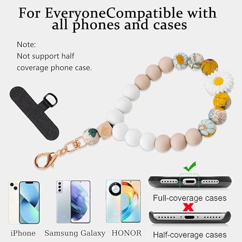 Silicone Beaded Phone Wrist Strap for Women, Elastic Wristlet - color: White Daisy