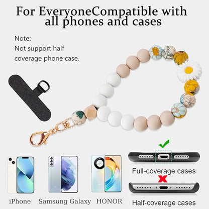 Silicone Beaded Phone Wrist Strap for Women, Elastic Wristlet - color: White Daisy