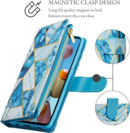 UEEBAI Wallet Case for Samsung Galaxy S24 Plus/S25 Plus 5G, PU Leather Wallet Magnetic Closure Handbag Zipper Pocket Cover Kickstand Card Slots with Hand Strap Marble Flip Case Women - Marble Blue - color: Marble Blue, size: Samsung Galaxy S24 Plus/S25 Pl