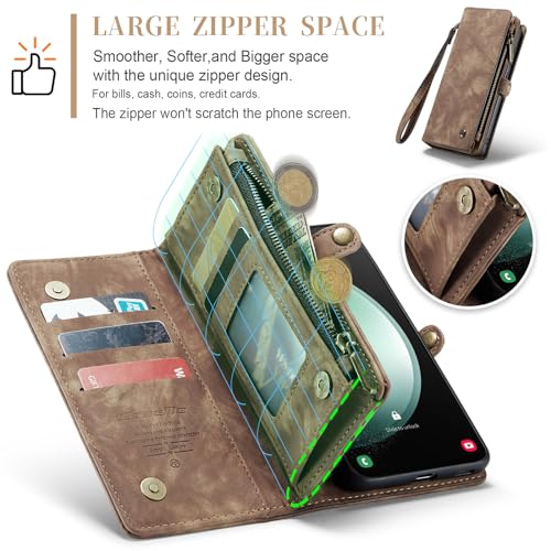 Samsung Galaxy S23 FE Wallet Case,Zipper Folio Leather Case Wallet with Card Holder Strap Wristlet Detachable Magnetic Protective Case for Samsung Galaxy S23 FE 5G 6.4 Inch(Coffee) - color: Brown, size: S23 FE 5G 6.4 Inch