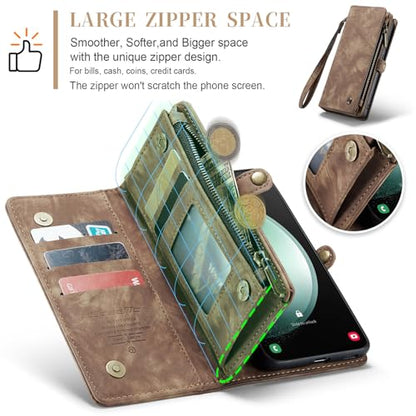 Samsung Galaxy S23 FE Wallet Case,Zipper Folio Leather Case Wallet with Card Holder Strap Wristlet Detachable Magnetic Protective Case for Samsung Galaxy S23 FE 5G 6.4 Inch(Coffee) - color: Brown, size: S23 FE 5G 6.4 Inch