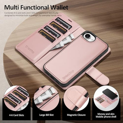 Shieldtop Compatible with MagSafe iPhone 17e / 16e Wallet Case,Rose Gold | 2 in 1 Detachable Magnetic,Credit Card Holder Slots,RFID Blocking,PU Leather,Kickstand,Flip Folio Phone Cover for Men & Women - color: Rose Gold