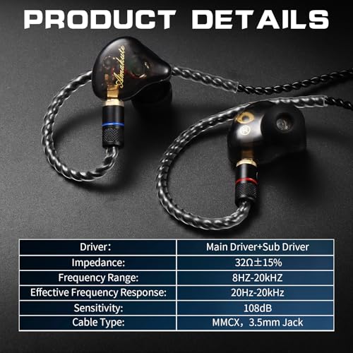 DEMAKE in Ear Monitor with Detachable Silver-Plated 3.5mm Cable - color: Black Splicing, size: No Mic