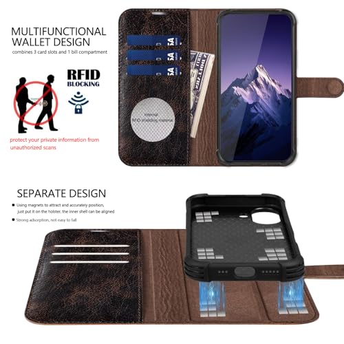 Leather Case Compatible with iPhone 16 Wallet 6.1" | Genuine Leather 2-in-1 Magnetic Detachable Shockproof,Flip Folio Cover with Card Slot, RFID Blocking Brown Coffee - color: Brown Coffee, size: 16